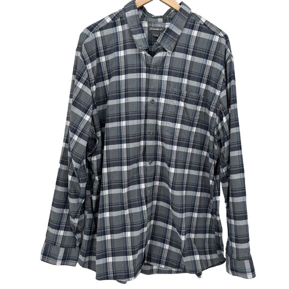 Eddie Bauer Flannel Shirt Mens 2XL XXL Gray Blue Plaid 100% Cotton Long Sleeve - Picture 1 of 11